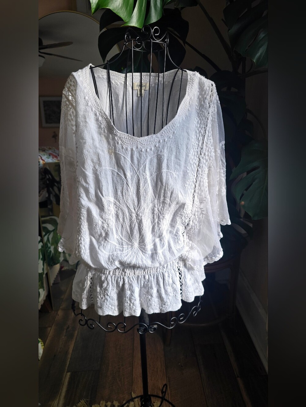 Style & Co White Embroidered Lace Kimono Sleeve Smocked Peplum Blouse L